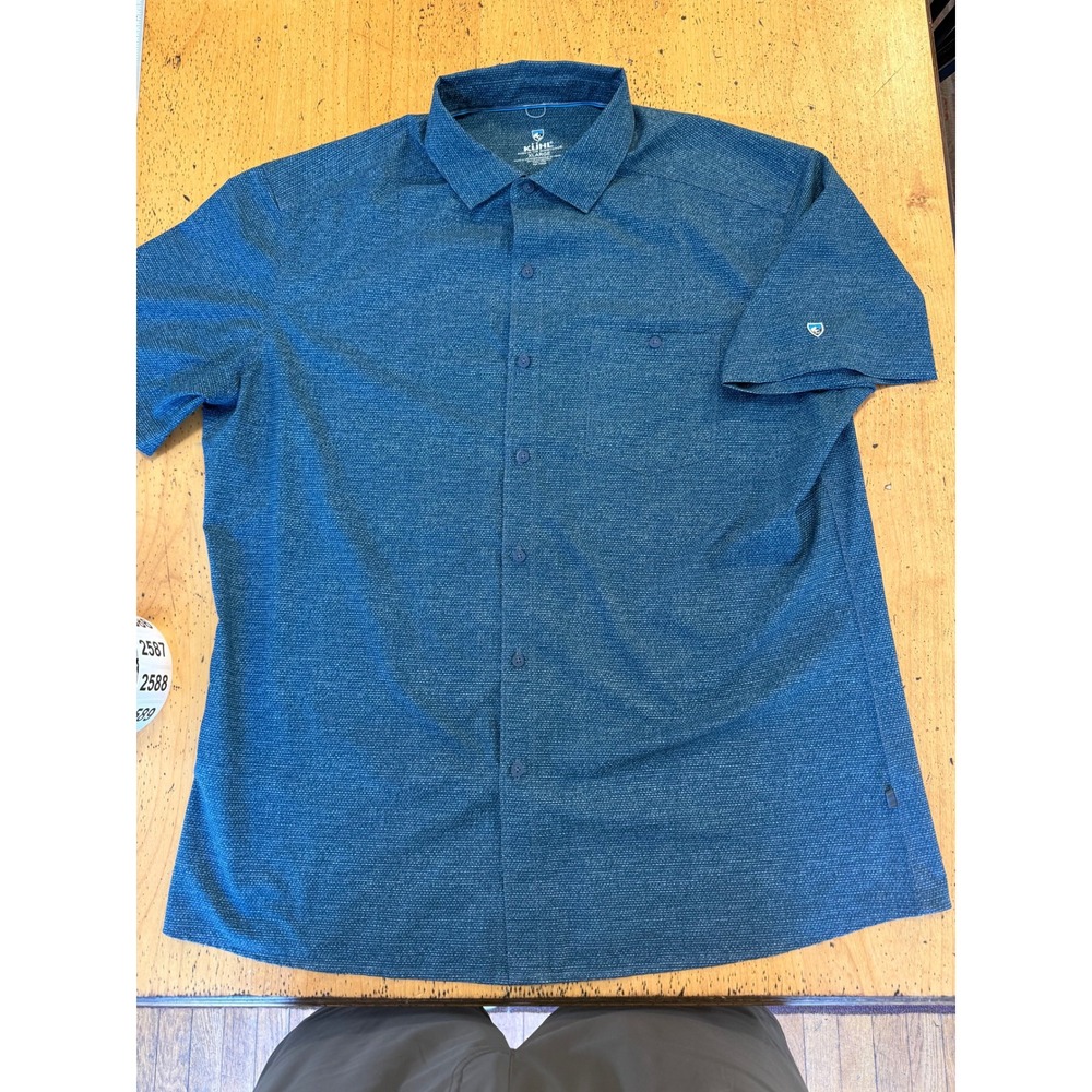 KUHL Button Down XL Blue Green All Over Print Performance Short Sleeve